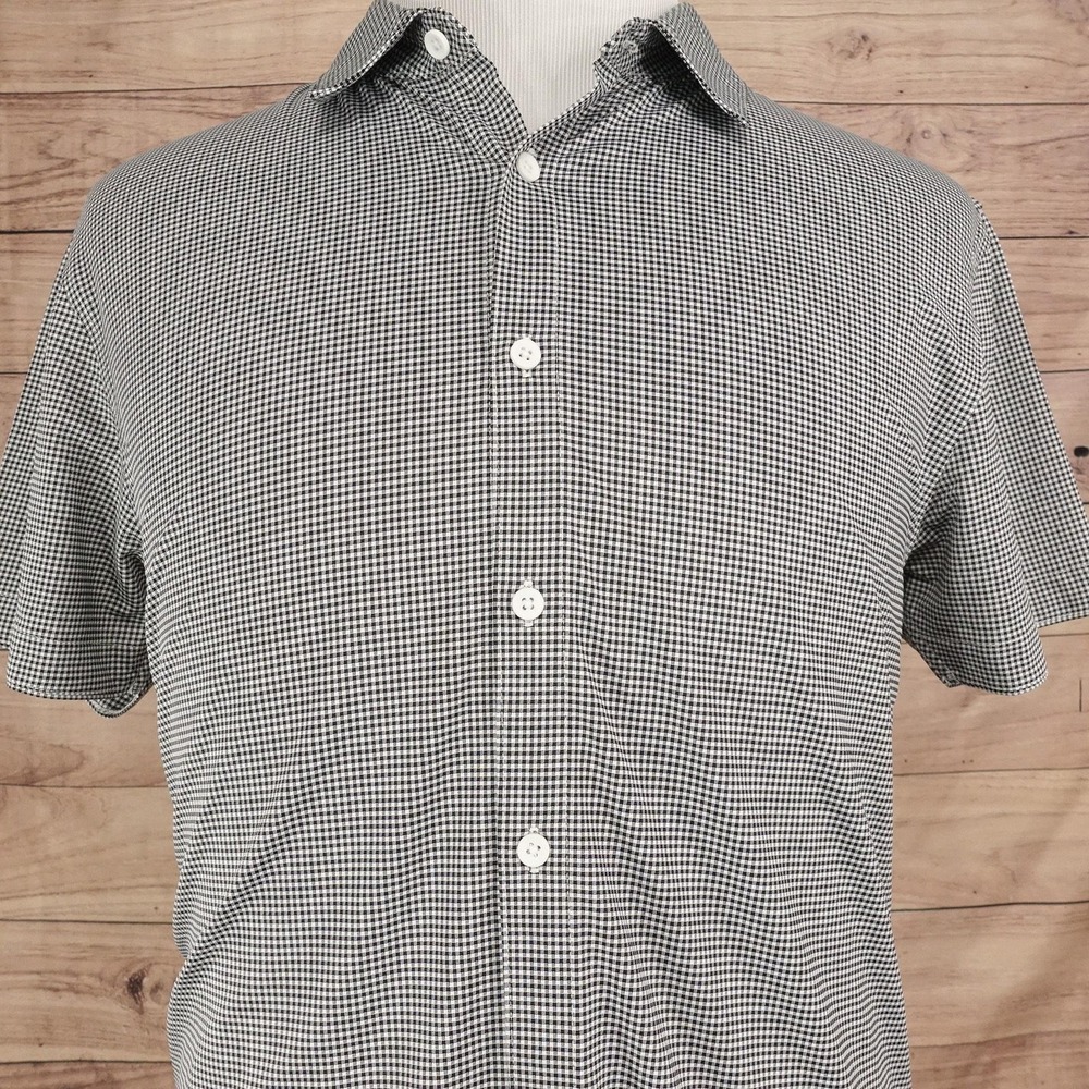 Kenneth Cole New York Shirt Mens L Black Check Short Sleeve Button-Up Stretch